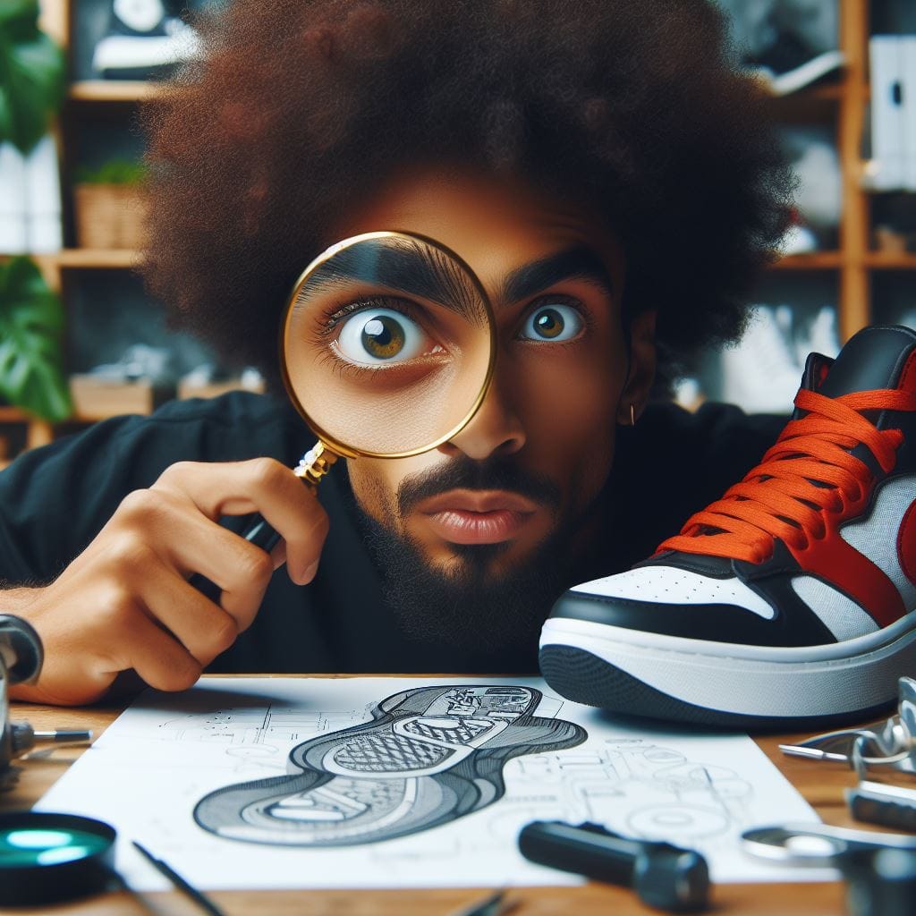 A sneaker designer closely examines tech pack information for his latest sneaker design.